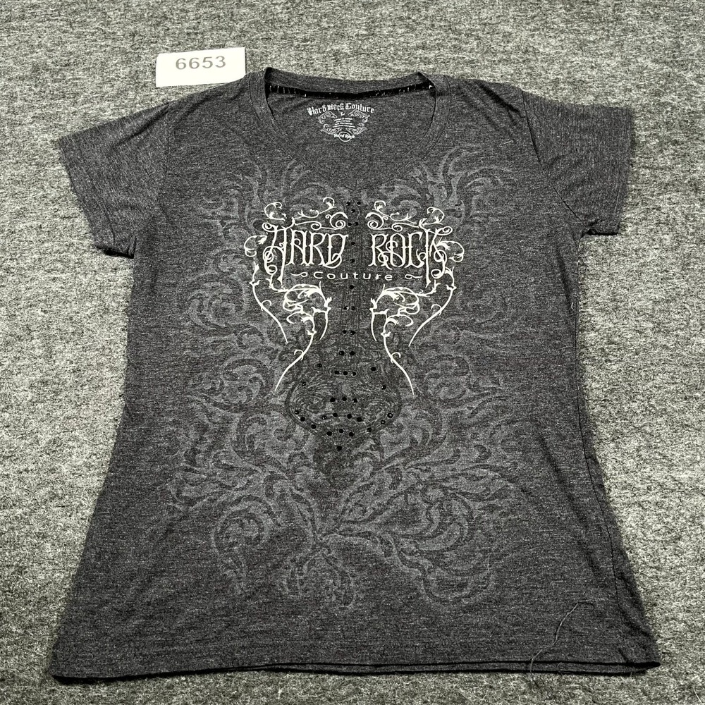 Hard Rock Cafe T Shirt Womens Large Gray Cotton Graphic Logo V Neck Short Sleeve